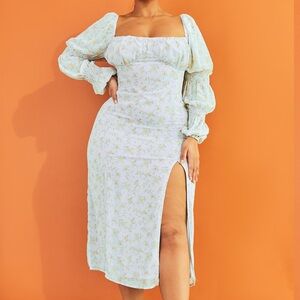 Pretty Little Thing Plus Dusty Blue Floral Puff Sleeve Midi Dress